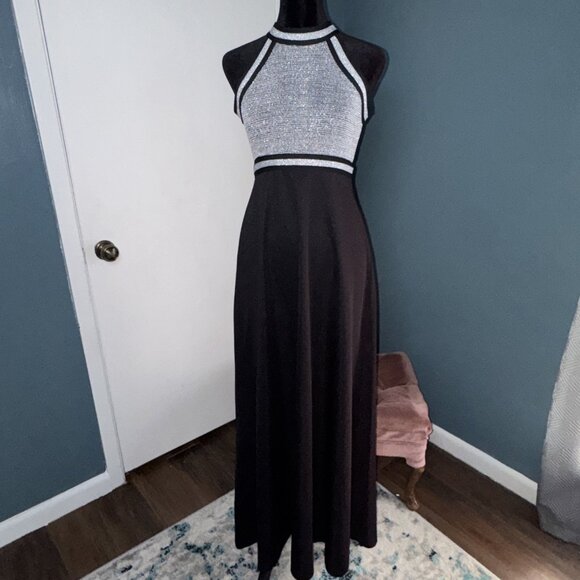 Vintage 60's 70's Mod Empire Waist  Silver Black Halter Knit Maxi Dress XS/S - Picture 1 of 16